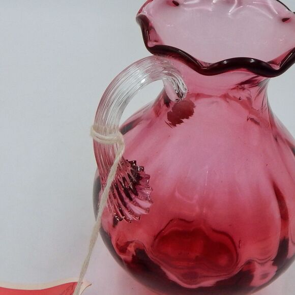 Pilgrim Glass Handblown Cranberry Vase Pitcher Optic Clear Handle 4.5 In Tag - Picture 6 of 10